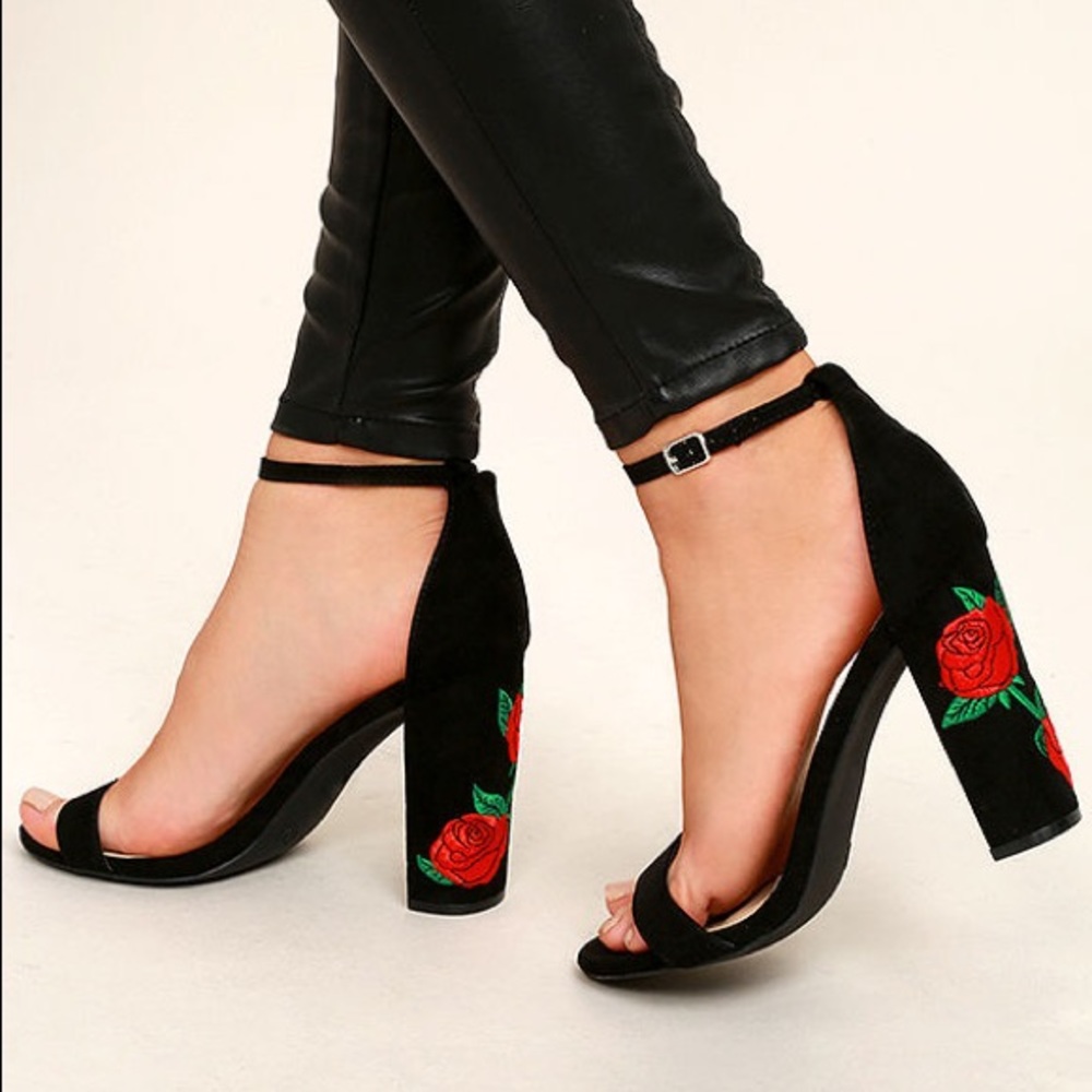 Black Rose Embroidered Strap Heels